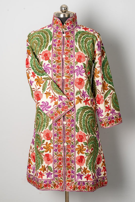 White Aari-Embroidered Floral Jacket with Vivid Hues