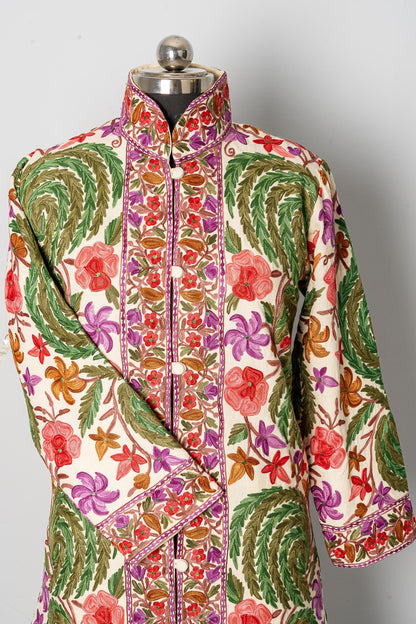 White Aari-Embroidered Floral Jacket with Vivid Hues