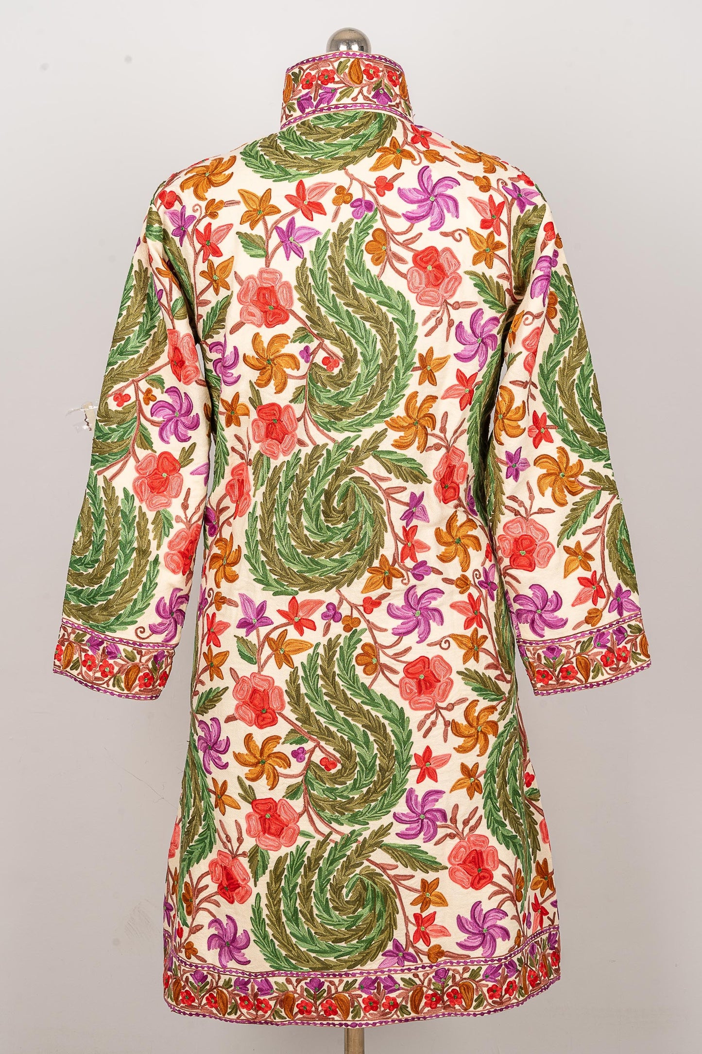 White Aari-Embroidered Floral Jacket with Vivid Hues