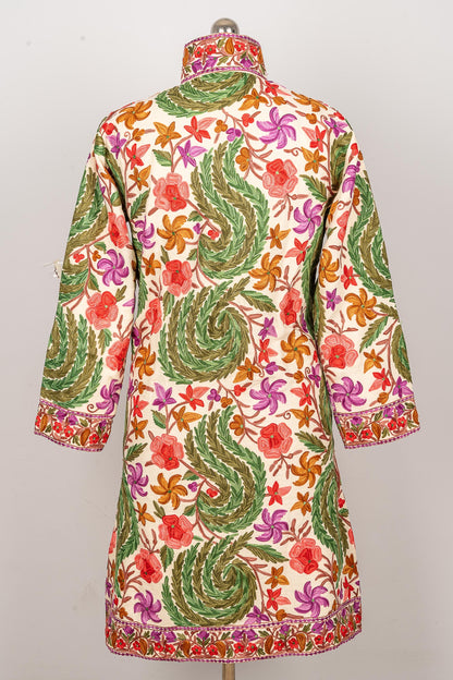 White Aari-Embroidered Floral Jacket with Vivid Hues