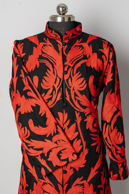 Floral Black Jacket with Red Accents
