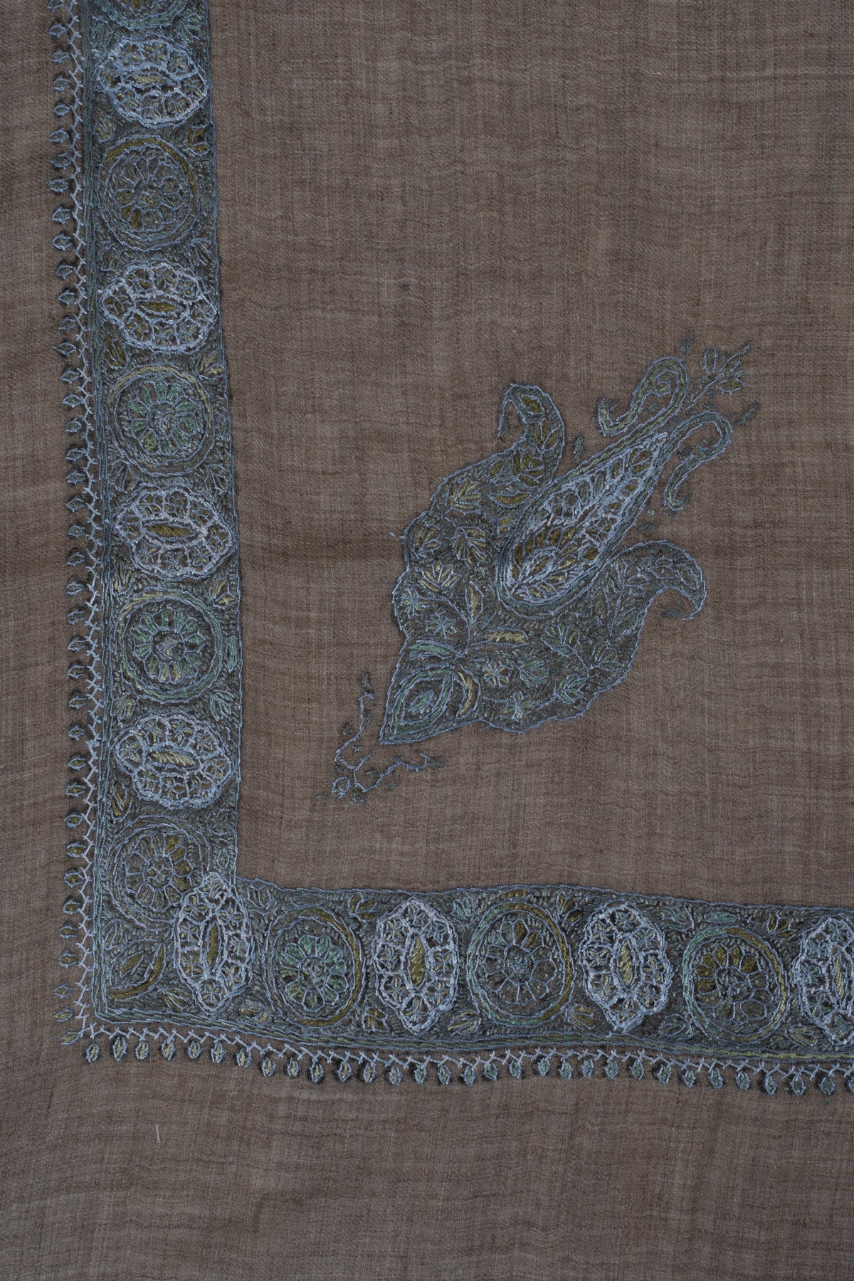 Mushroom Pearl Cashmere Rumal — Sozni Hand Embroidered
