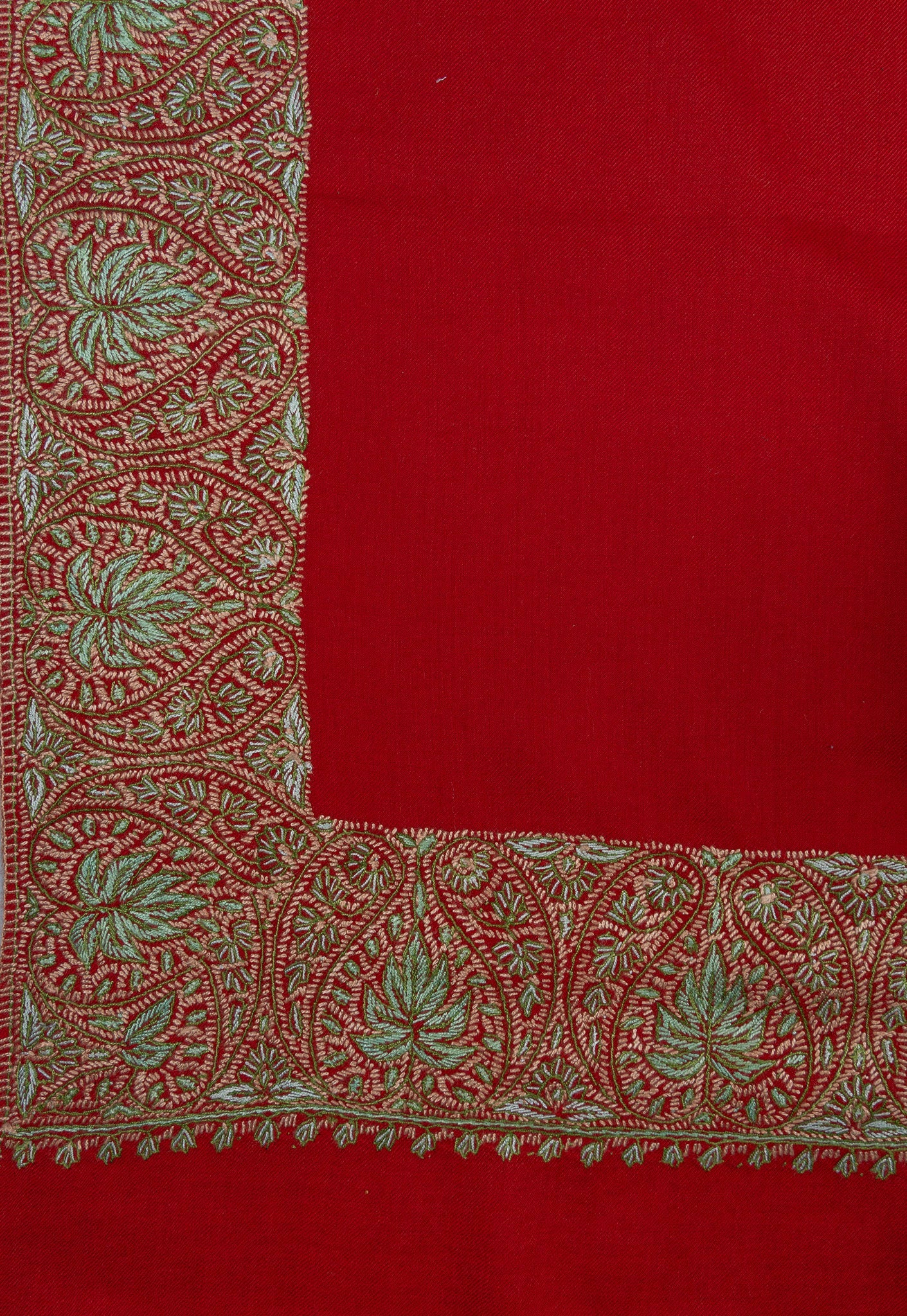 Crimson Aura Merino Wool Shawl with Sozni Hand Embroidered Border