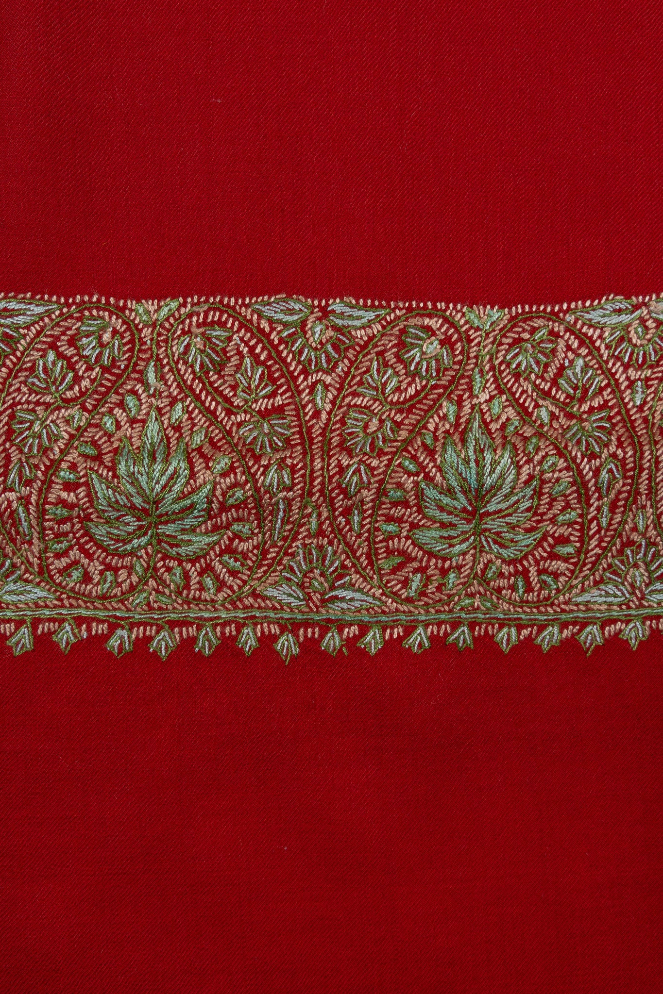 Crimson Aura Merino Wool Shawl with Sozni Hand Embroidered Border