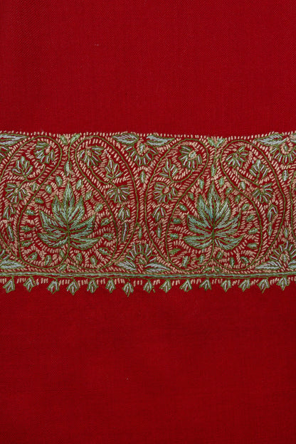 Crimson Aura Merino Wool Shawl with Sozni Hand Embroidered Border