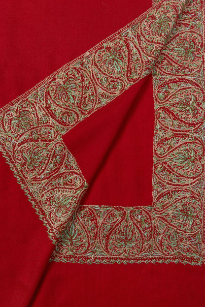 Crimson Aura Merino Wool Shawl with Sozni Hand Embroidered Border