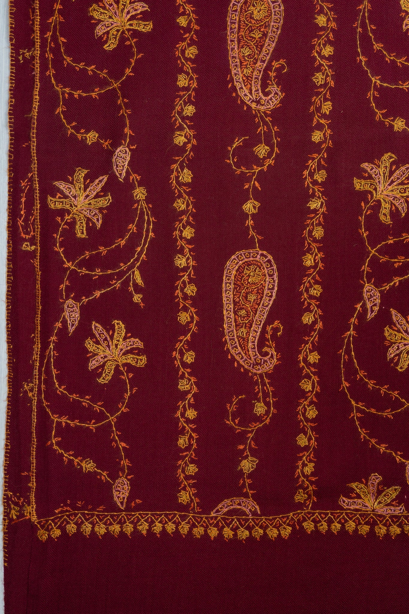 Maroon Harvest Sozni Hand Embroidered Merino Wool Shawl