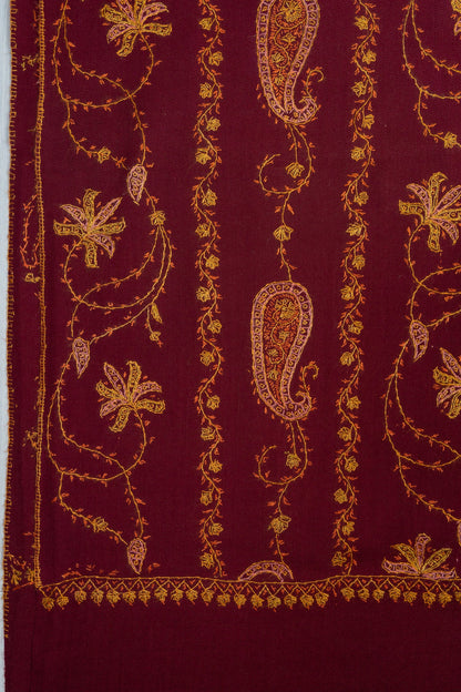 Maroon Harvest Sozni Hand Embroidered Merino Wool Shawl