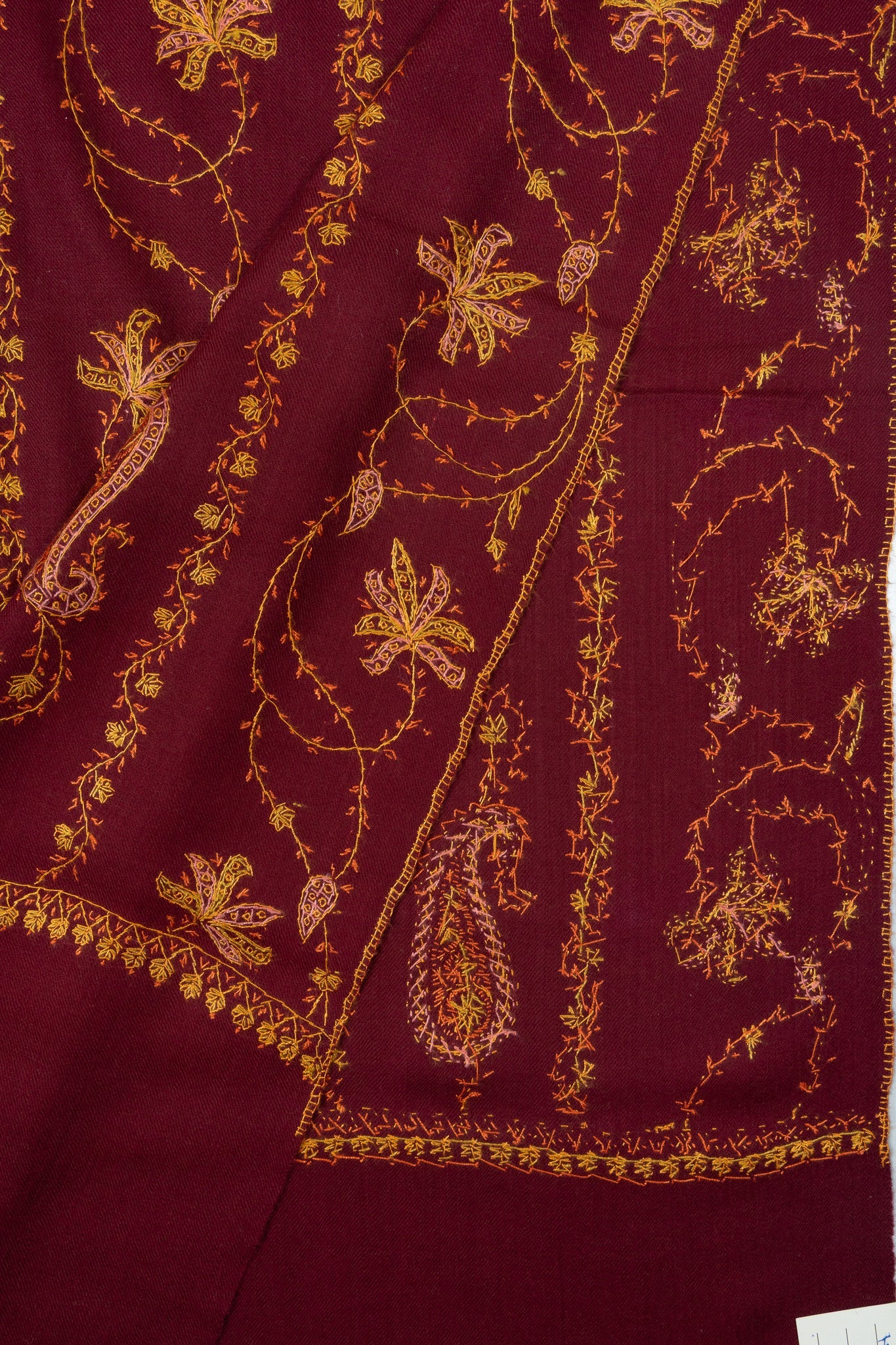 Maroon Harvest Sozni Hand Embroidered Merino Wool Shawl