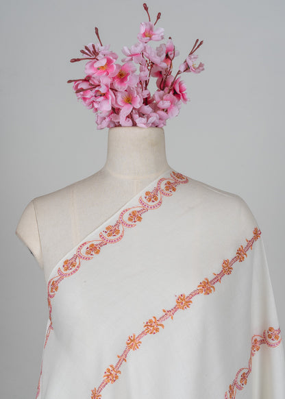 Coral Veil Sozni Hand Embroidered Merino Wool Shawl