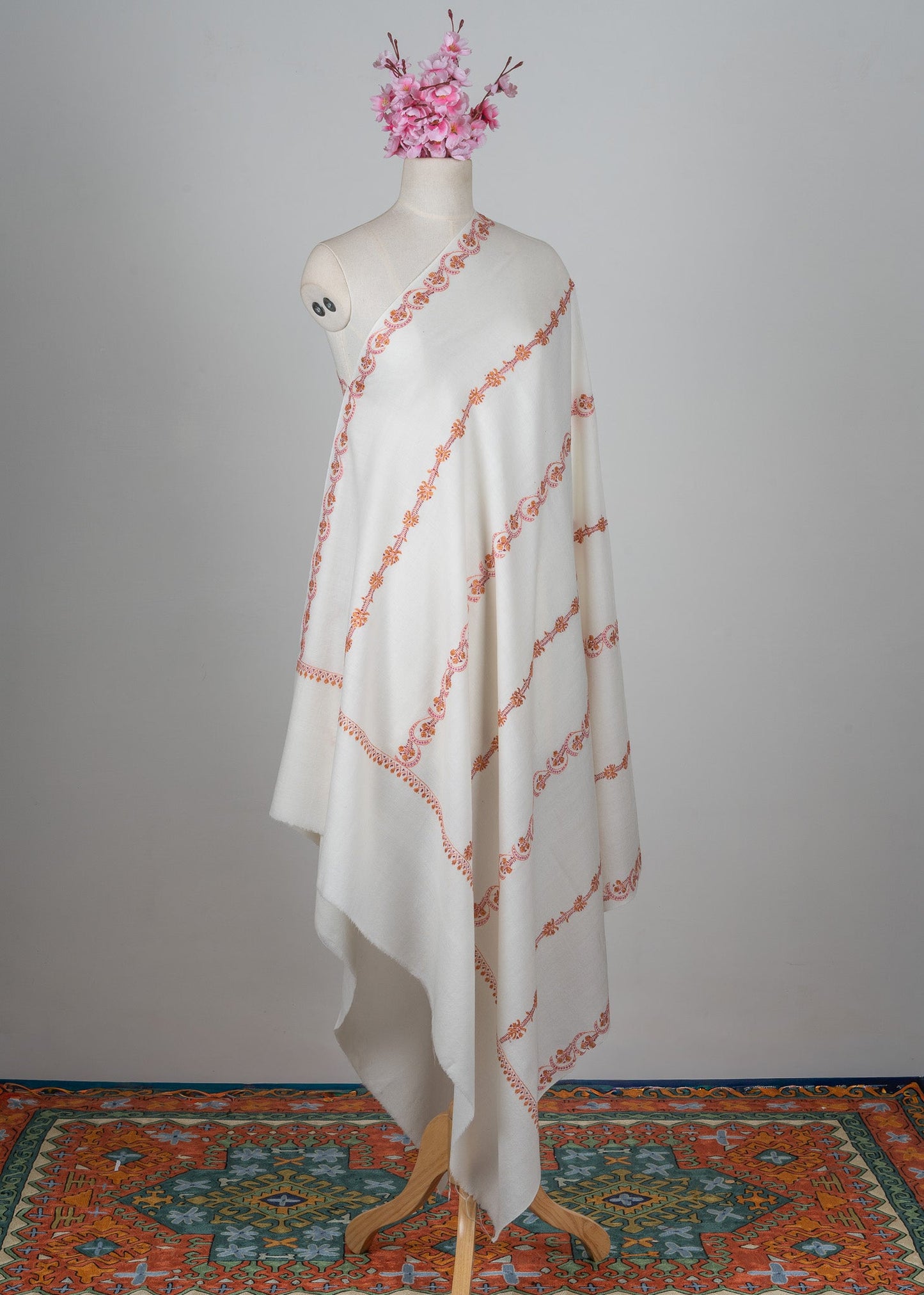 Coral Veil Sozni Hand Embroidered Merino Wool Shawl