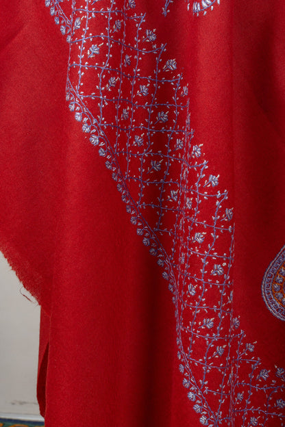 Ruby Cascade Sozni Hand Embroidered Merino Wool Shawl