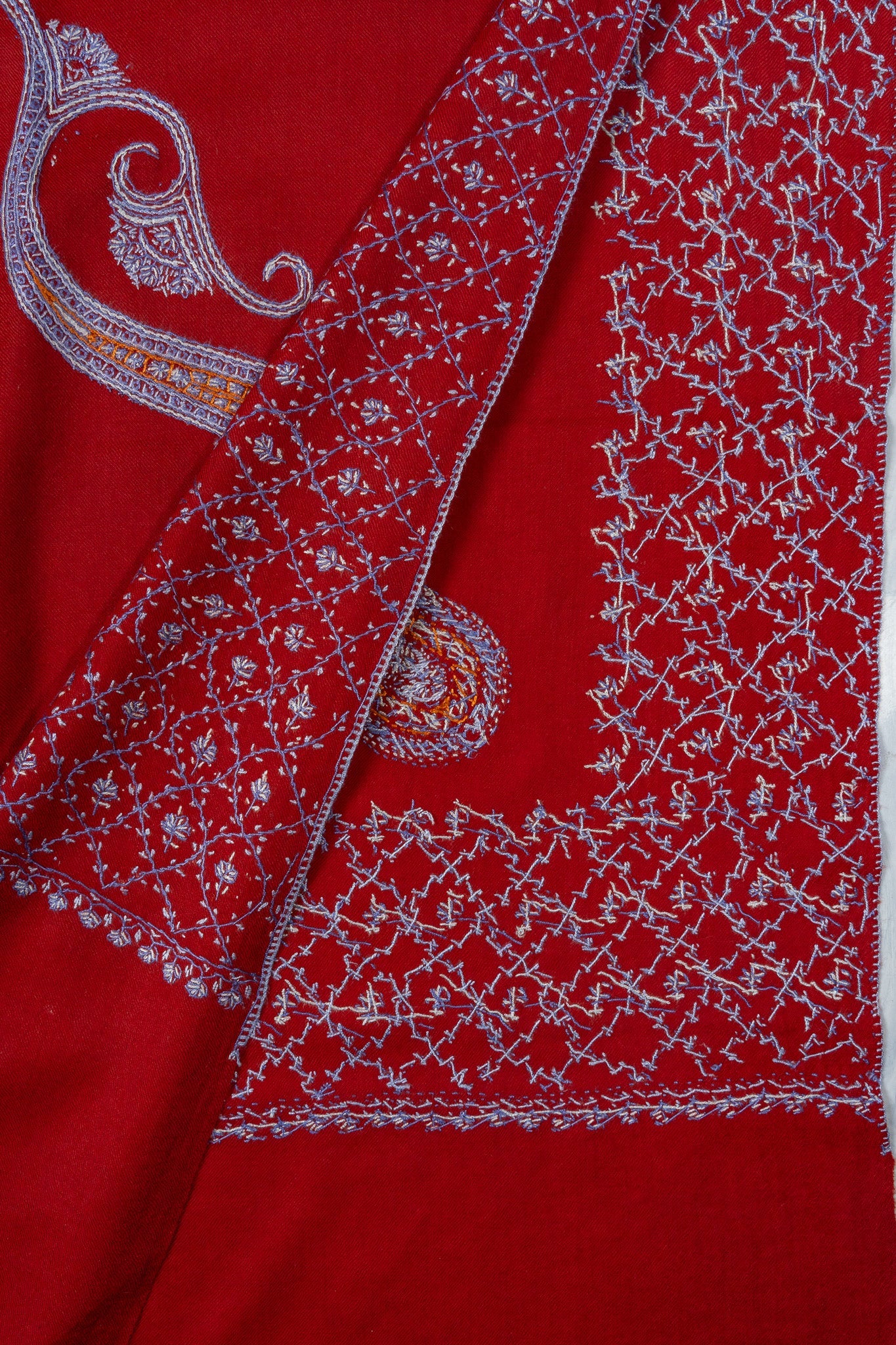 Ruby Cascade Sozni Hand Embroidered Merino Wool Shawl