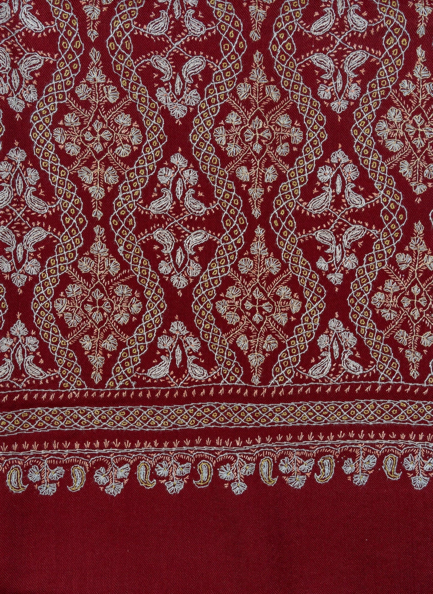 Maroon Royale Merino Wool Shawl with Sozni Hand Embroidered Panel