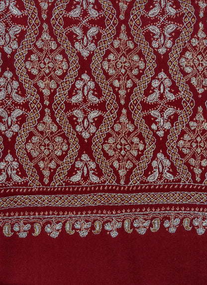 Maroon Royale Merino Wool Shawl with Sozni Hand Embroidered Panel