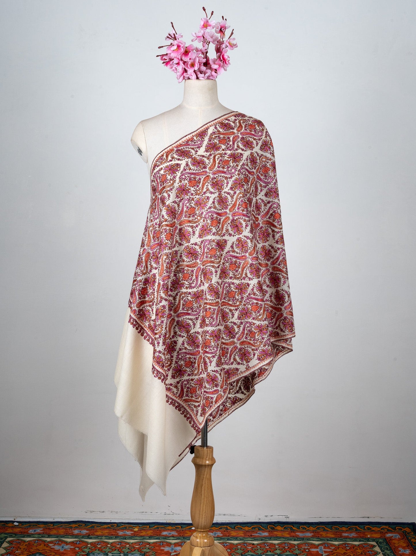 Meadow Mosaic Sozni Hand Embroidered Merino Wool Scarf
