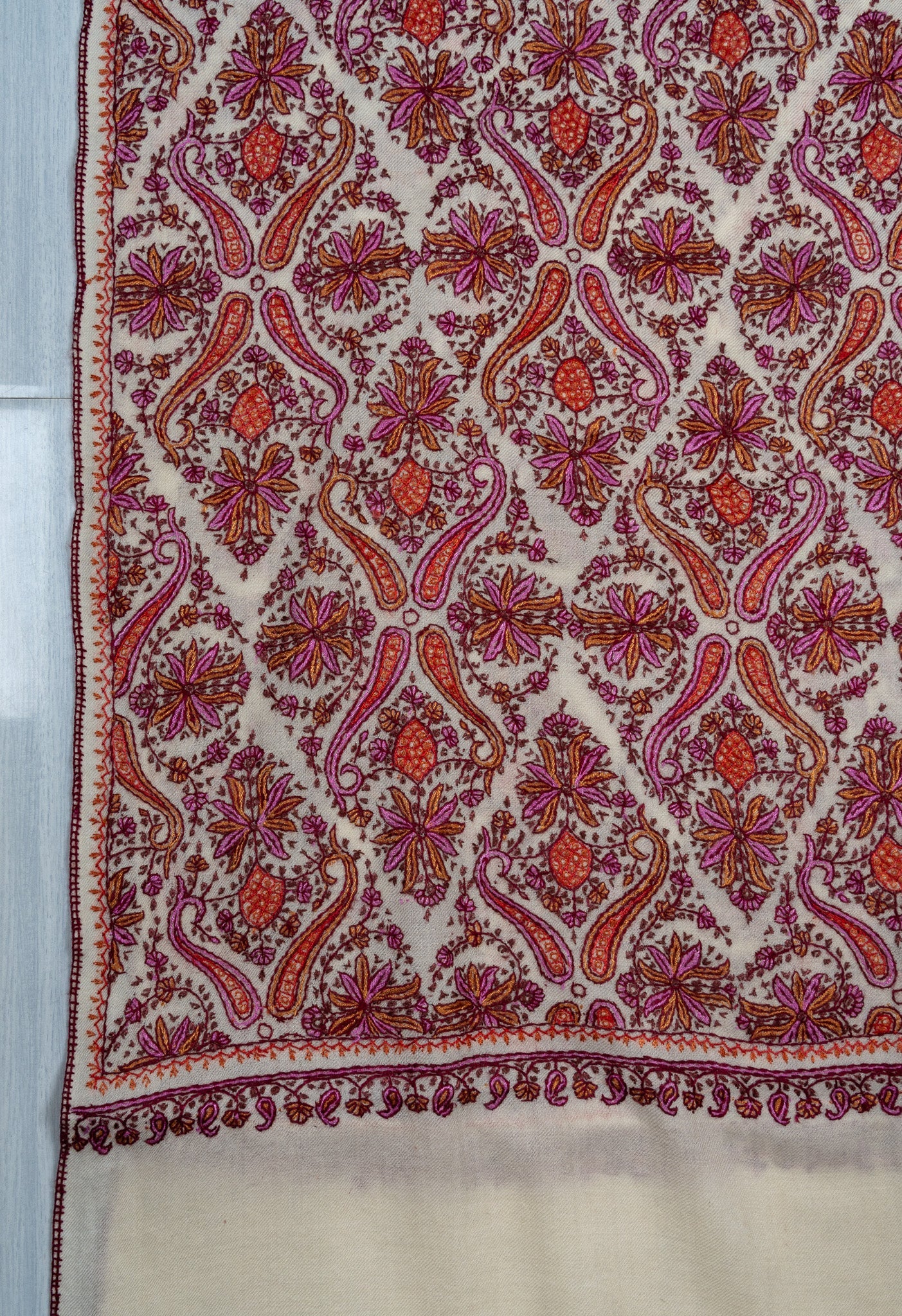 Meadow Mosaic Sozni Hand Embroidered Merino Wool Scarf