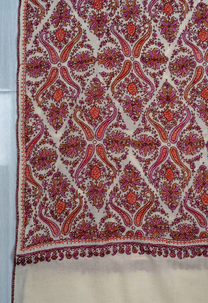 Meadow Mosaic Sozni Hand Embroidered Merino Wool Scarf