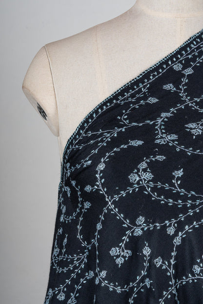 Noir Blossom Sozni Hand Embroidered Merino Wool Shawl
