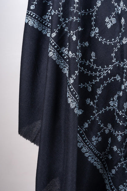 Noir Blossom Sozni Hand Embroidered Merino Wool Shawl