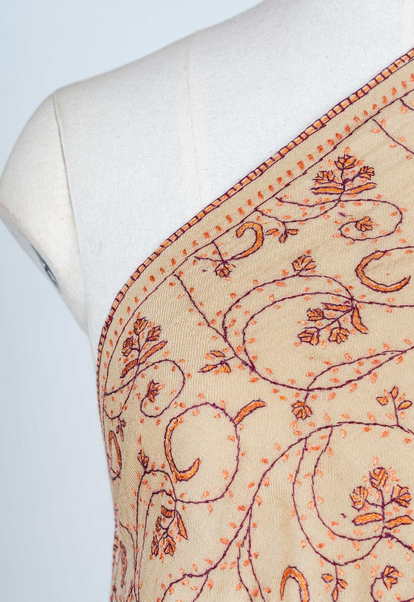 Sandstone Vine Sozni Hand Embroidered Merino Wool Shawl