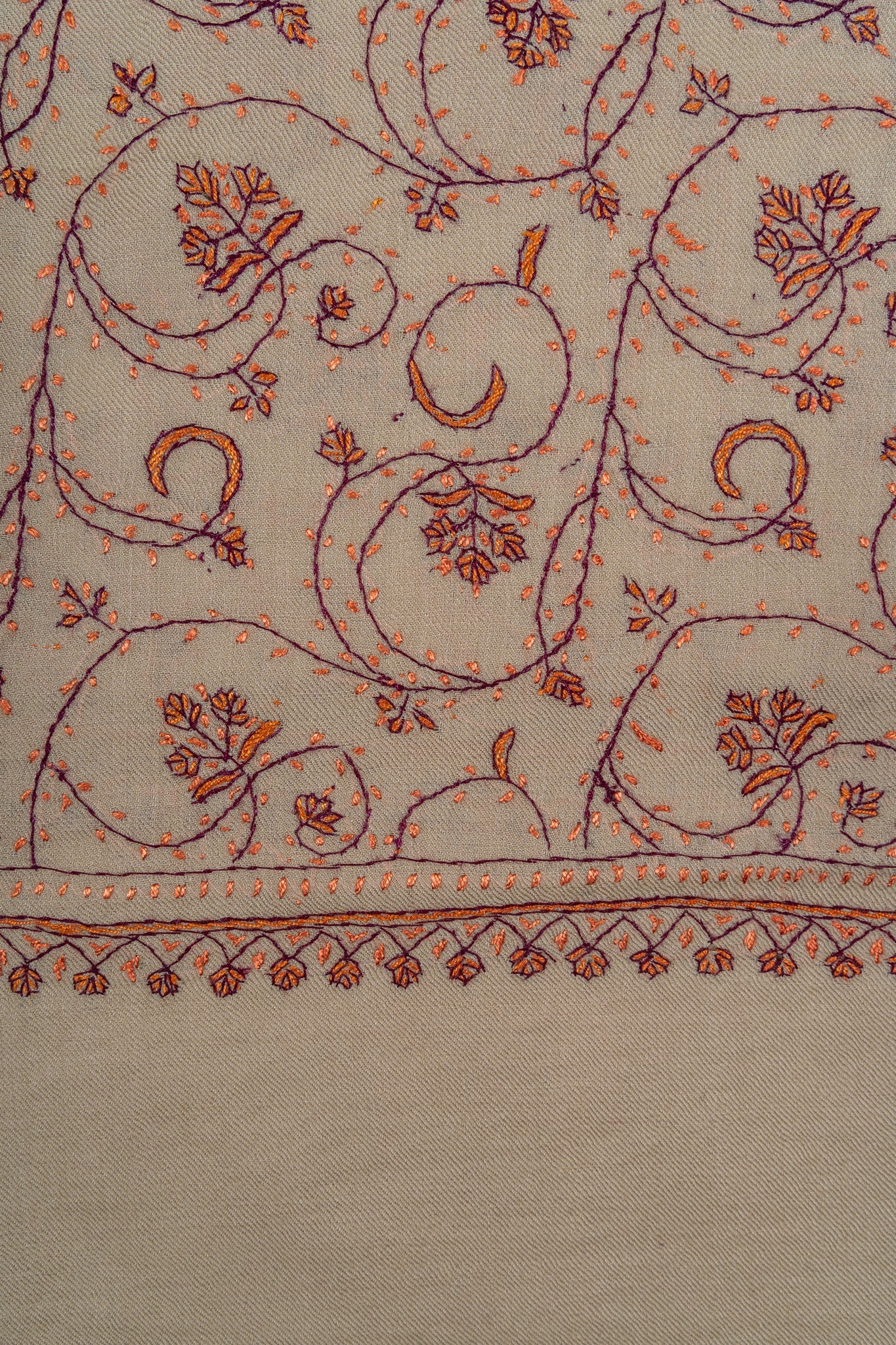 Sandstone Vine Sozni Hand Embroidered Merino Wool Shawl