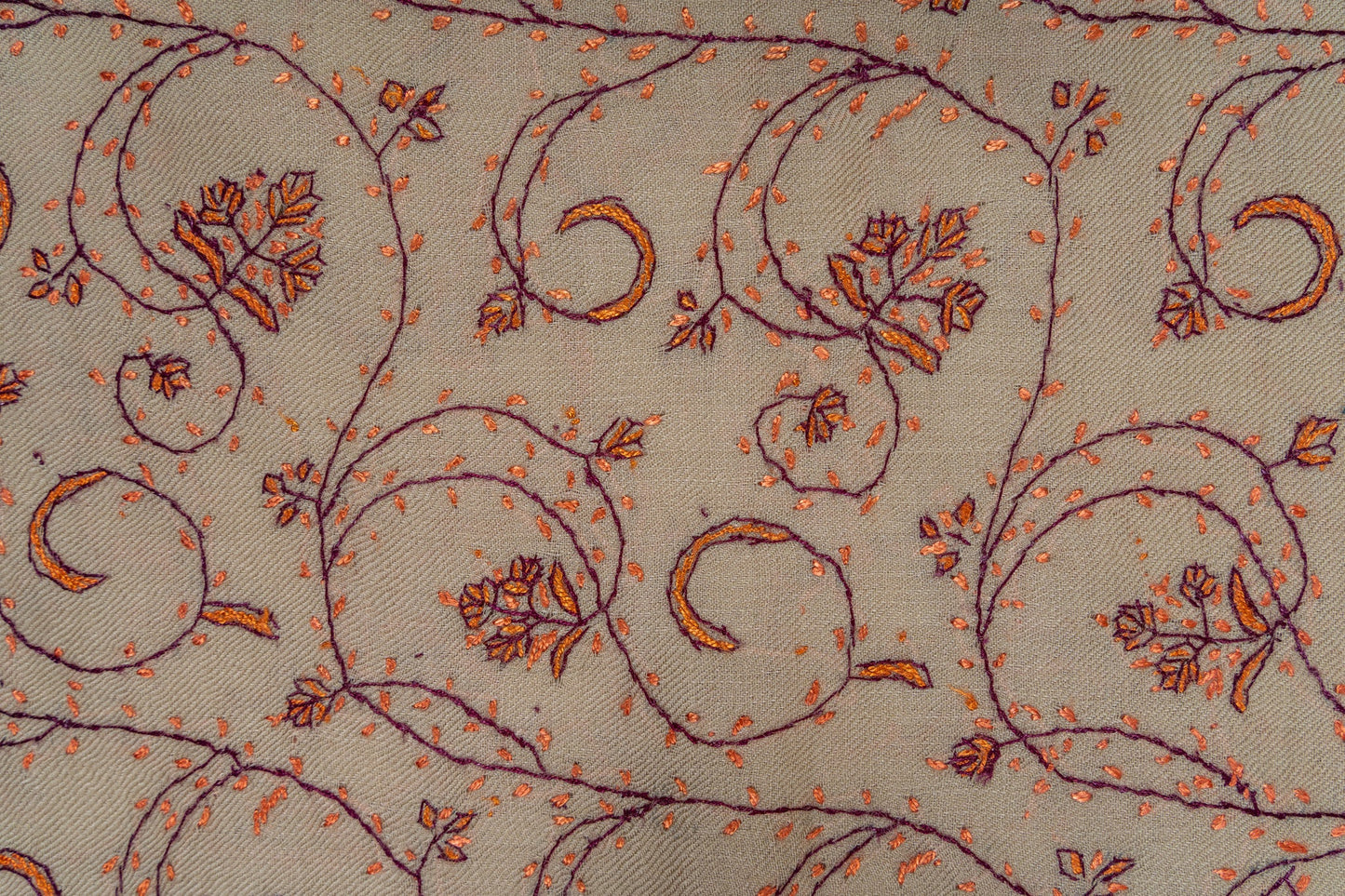Sandstone Vine Sozni Hand Embroidered Merino Wool Shawl