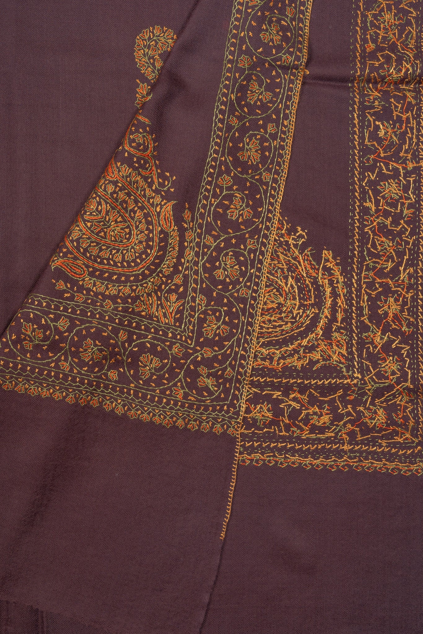 Cocoa Crest Sozni Hand Embroidered Merino Wool Shawl