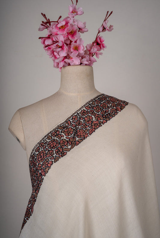 Crimson Vines Merino Wool Shawl with Sozni Hand Embroidered Detailing