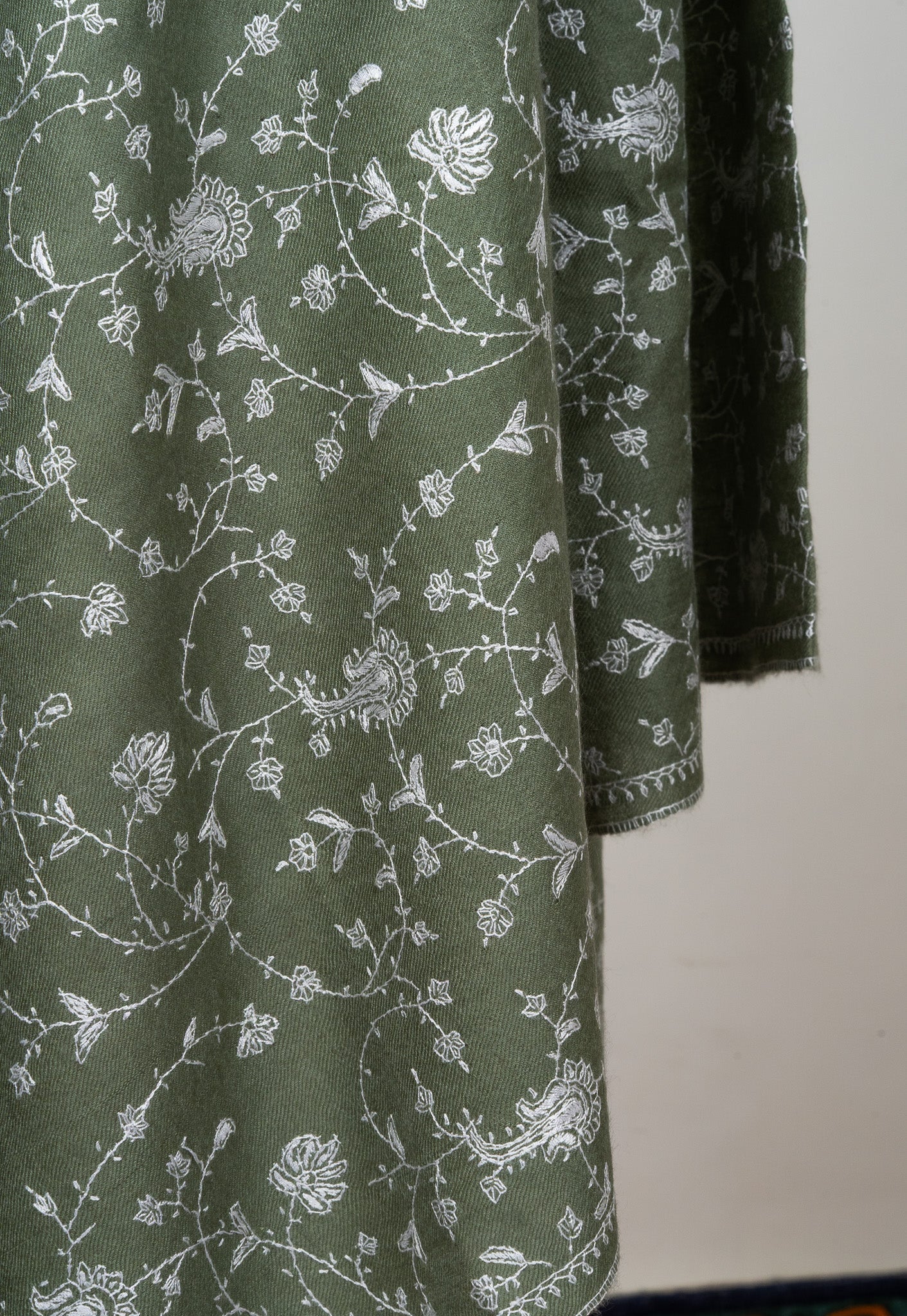 2.5 Yards Sozni Hand Embroidered Pashmina: Olive Meadow Floral Spread