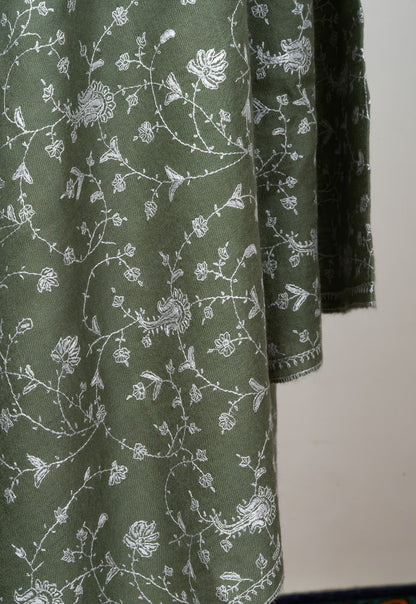 2.5 Yards Sozni Hand Embroidered Pashmina: Olive Meadow Floral Spread