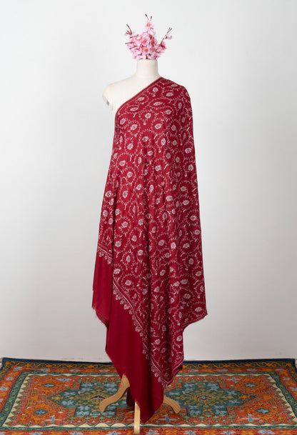 2.5 Yards Sozni Hand Embroidered Pashmina: Ruby Red Classic Floral Spiral