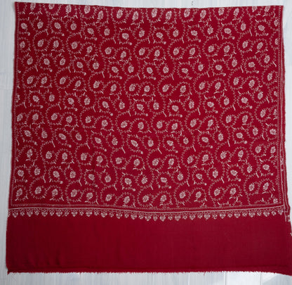 2.5 Yards Sozni Hand Embroidered Pashmina: Ruby Red Classic Floral Spiral