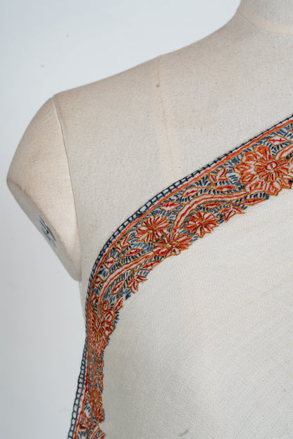 Ivory Heritage: Merino Wool Hand Embroidered 2.5 Yards Shawl