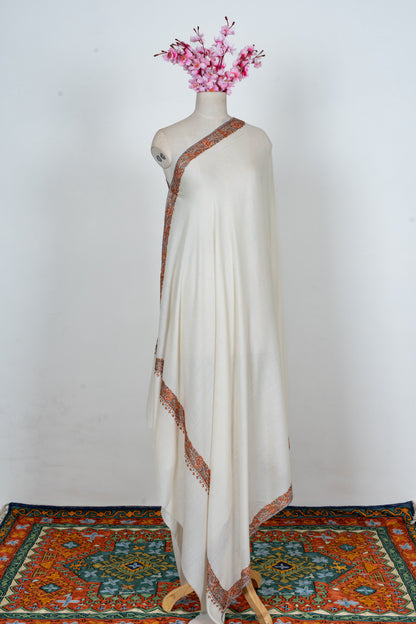 Ivory Heritage: Merino Wool Hand Embroidered 2.5 Yards Shawl