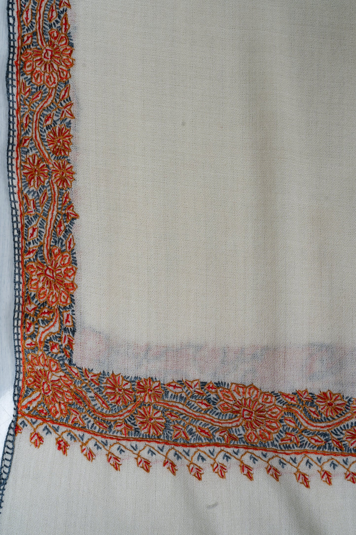 Ivory Heritage: Merino Wool Hand Embroidered 2.5 Yards Shawl