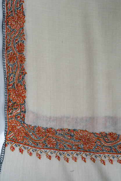 Ivory Heritage: Merino Wool Hand Embroidered 2.5 Yards Shawl