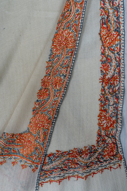 Ivory Heritage: Merino Wool Hand Embroidered 2.5 Yards Shawl