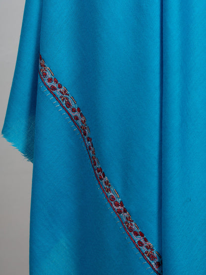 2.5 Yards Sozni Hand Embroidered Shawl in Aqua Blue Minimal Accent
