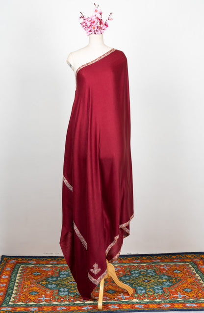 2.5 Yards Sozni Hand Embroidered Shawl in Deep Wine Grace