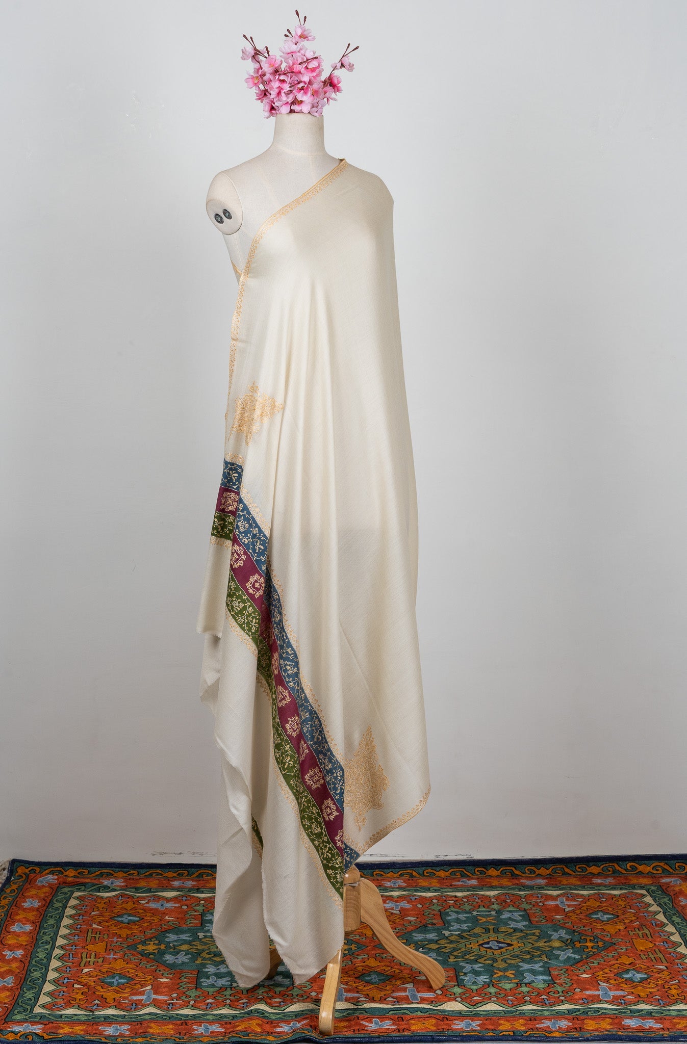 2.5 Yards Sozni Hand Embroidered Shawl in Ivory Heritage Accent