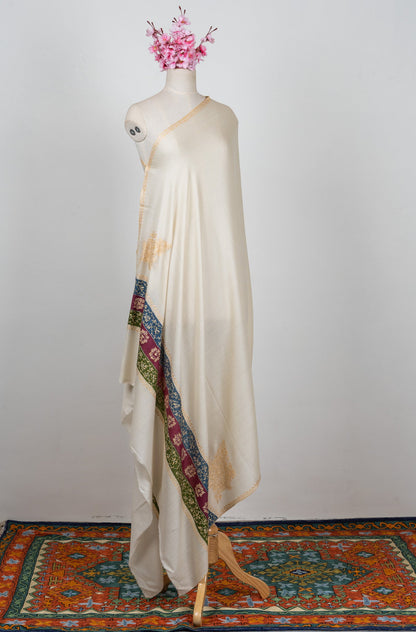 2.5 Yards Sozni Hand Embroidered Shawl in Ivory Heritage Accent