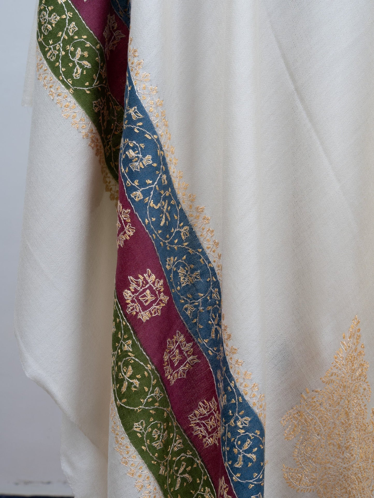 2.5 Yards Sozni Hand Embroidered Shawl in Ivory Heritage Accent