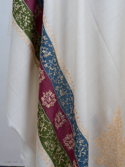 2.5 Yards Sozni Hand Embroidered Shawl in Ivory Heritage Accent