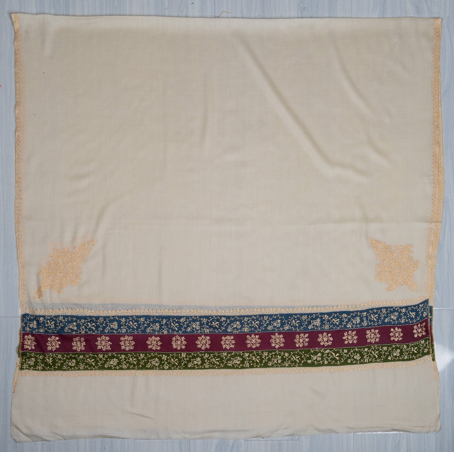 2.5 Yards Sozni Hand Embroidered Shawl in Ivory Heritage Accent