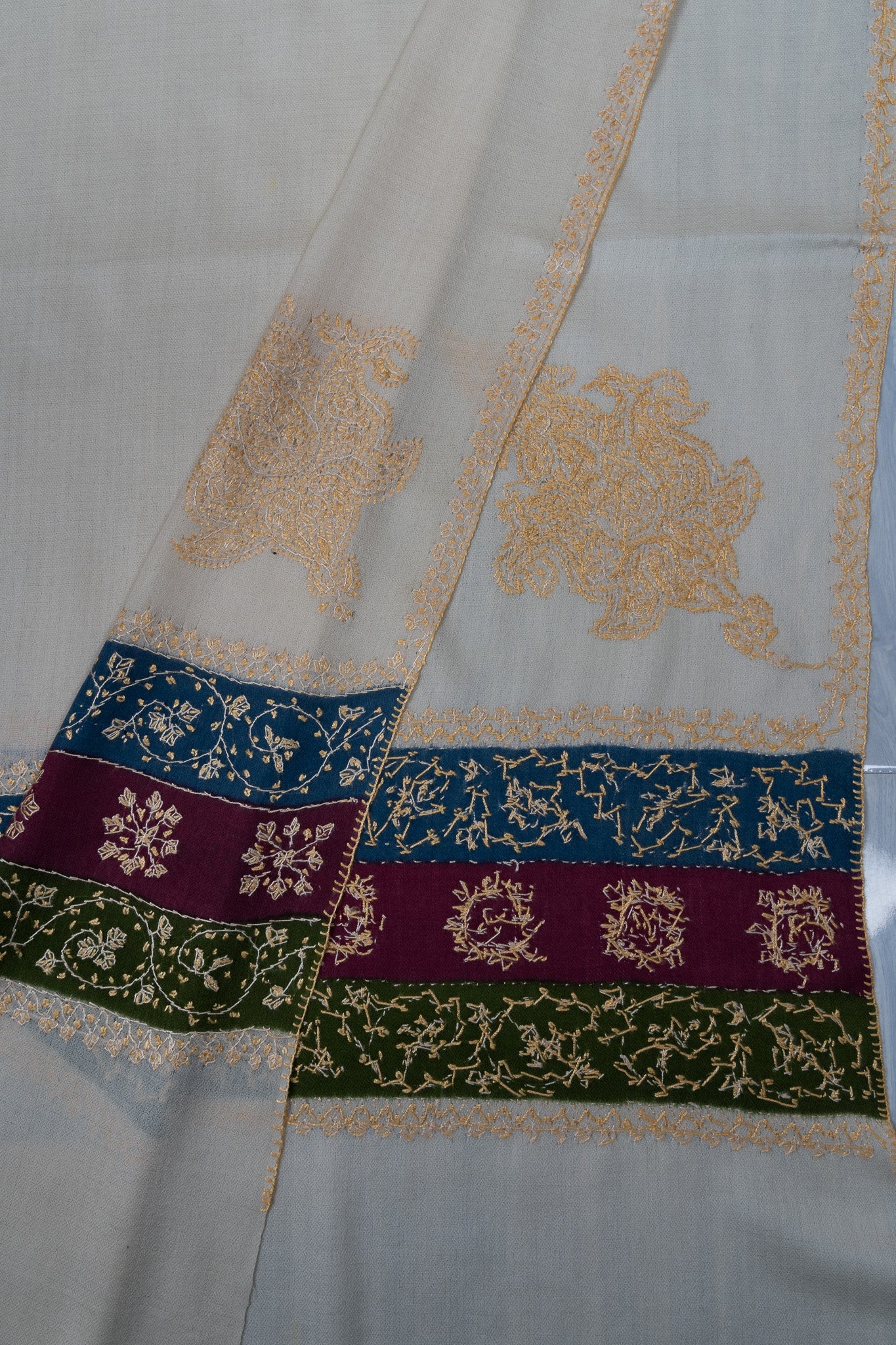 2.5 Yards Sozni Hand Embroidered Shawl in Ivory Heritage Accent