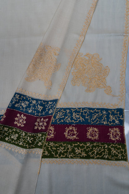 2.5 Yards Sozni Hand Embroidered Shawl in Ivory Heritage Accent