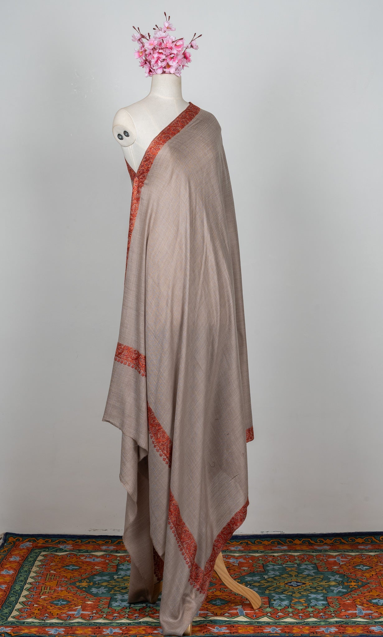 2.5 Yards Sozni Hand Embroidered Shawl in Soft Mink Beige