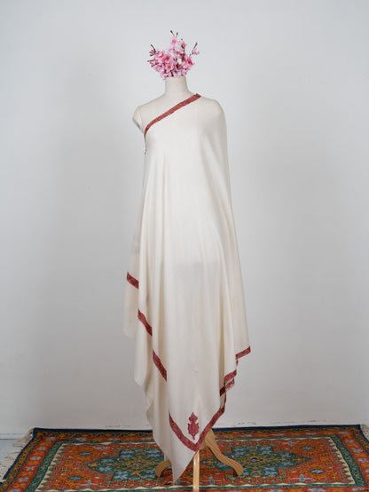 2.5 Yards Sozni Hand Embroidered Shawl in Classic Ivory Maroon Edge