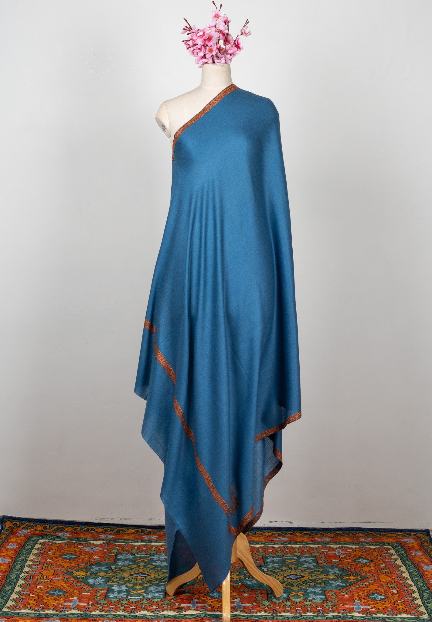 2.5 Yards Sozni Hand Embroidered Shawl in Ocean Teal Heritage Border